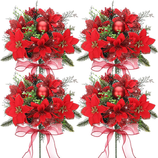 4 Pack 13.8 Inch Faux Velvet Poinsettia Berry Bush Christmas Decoration Artificial Flowers