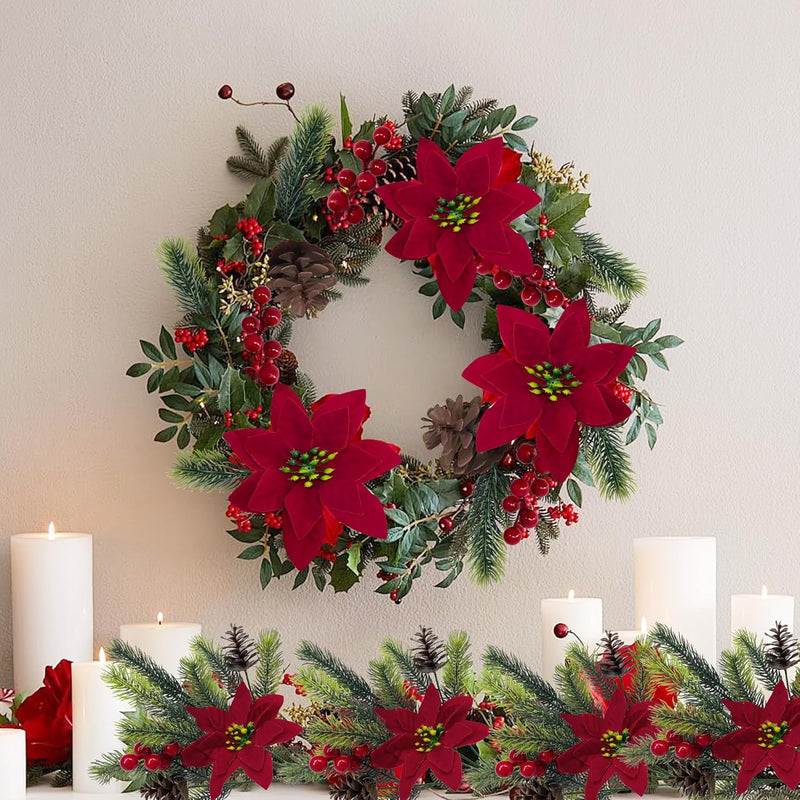 4 Pcs Artificial Poinsettias & Pine Branches with Red Berries and Cones Christmas Decoration