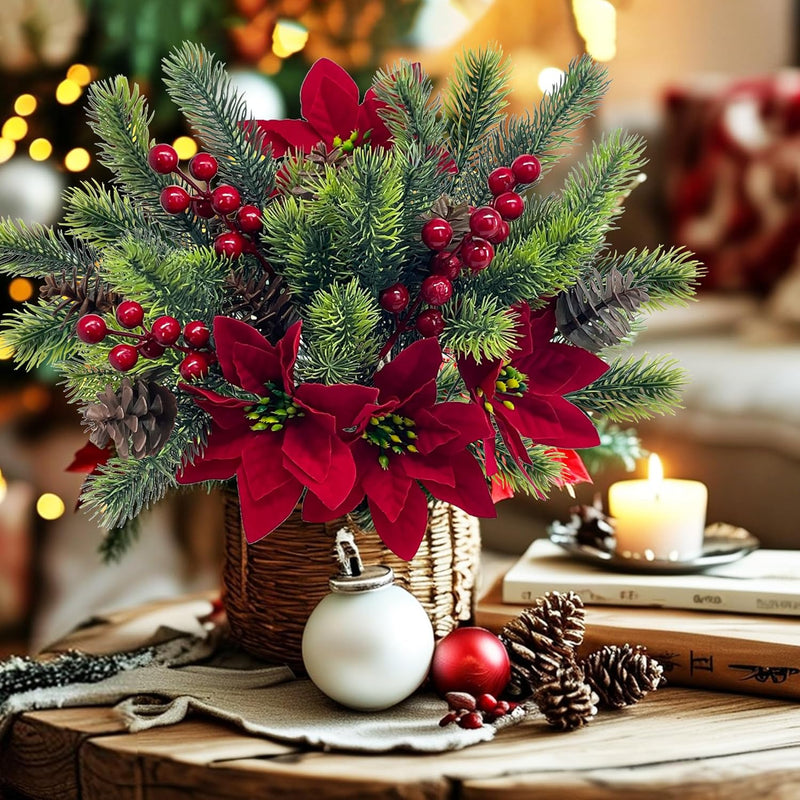 4 Pcs Artificial Poinsettias & Pine Branches with Red Berries and Cones Christmas Decoration