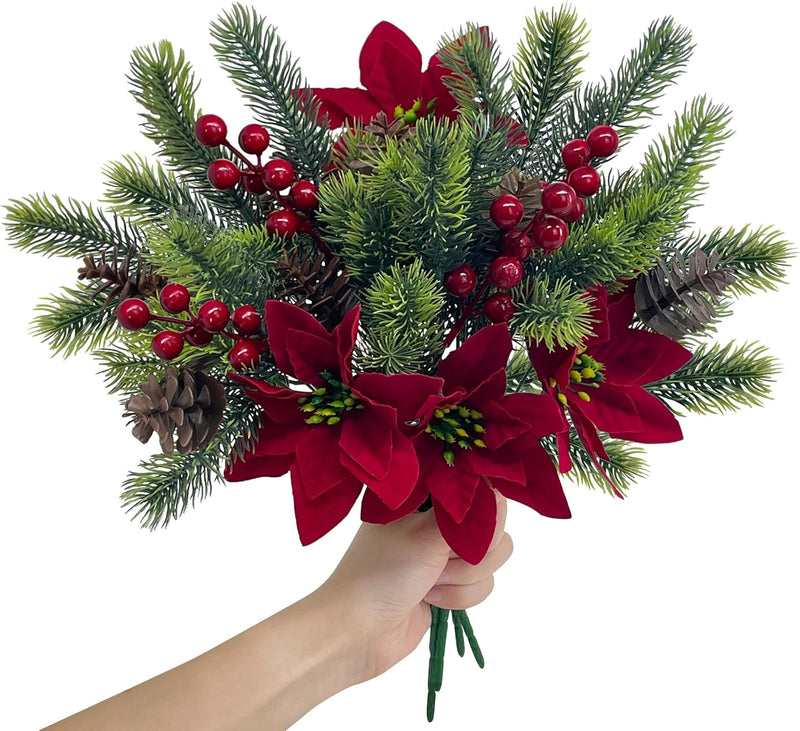 4 Pcs Artificial Poinsettias & Pine Branches with Red Berries and Cones Christmas Decoration