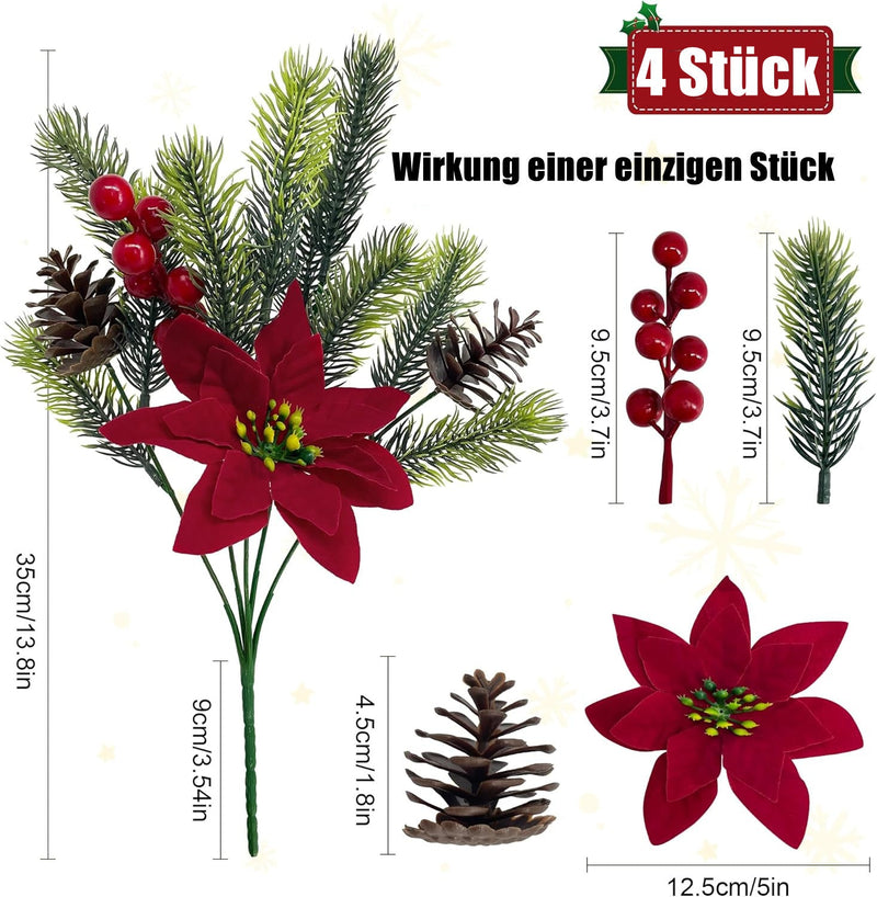 4 Pcs Artificial Poinsettias & Pine Branches with Red Berries and Cones Christmas Decoration