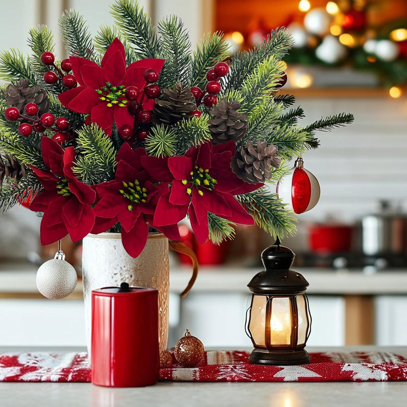 4 Pcs Artificial Poinsettias & Pine Branches with Red Berries and Cones Christmas Decoration
