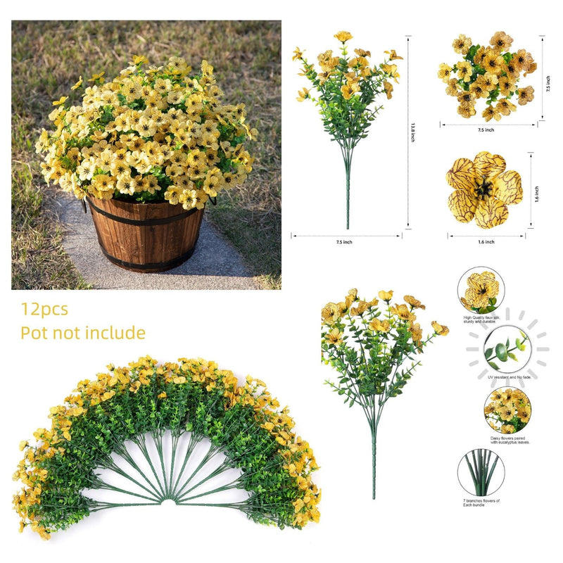 12 Bundles Artificial Daisy Flowers with Eucalyptus Leaves, 12 Inch, Realistic Silk Stems for Indoor Outdoor Decor