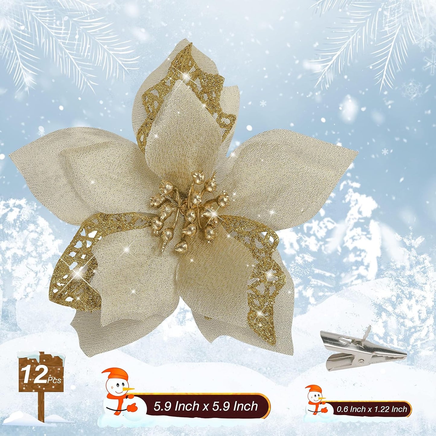 Bulk 12 Pcs Gold Glitter Artificial Poinsettia Flowers with Clips Christmas Tree Ornaments for DIY Wreaths Holiday Home and Party Decor Wholesale