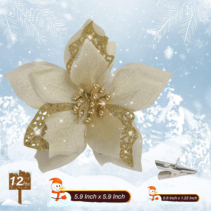 Bulk 12 Pcs Gold Glitter Artificial Poinsettia Flowers with Clips Christmas Tree Ornaments for DIY Wreaths Holiday Home and Party Decor Wholesale