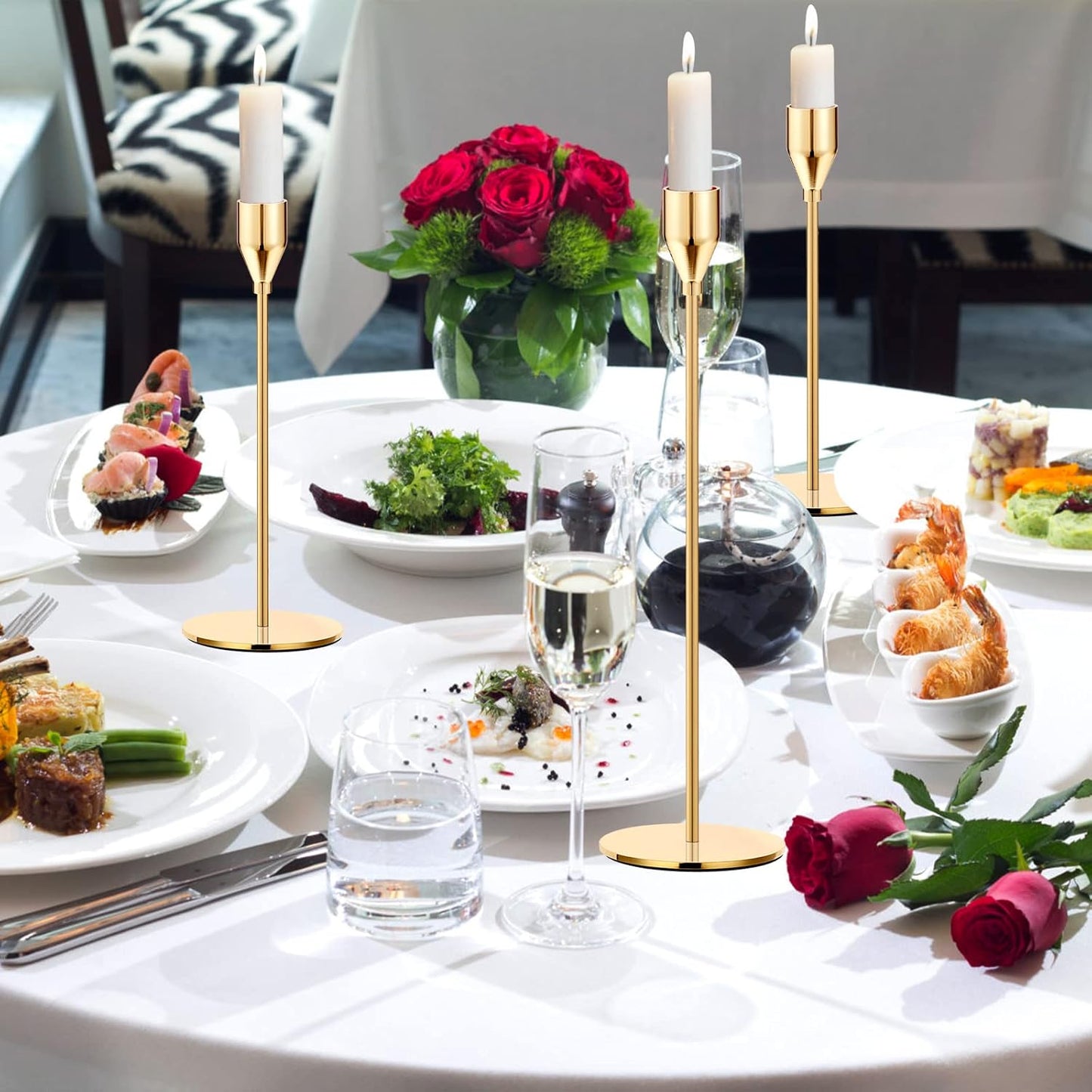 Bulk Set of 3 Gold Taper Candle Holders Metal Candle Stands for Wedding Dining and Parties Fits 3/4" Thick Candles and LED Candles Wholessale