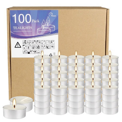Bulk 100 Pcs Unscented Smokeless White Tea Light Candles  with 4-Hour Burn Time for Home Decor Shabbat Weddings Events Birthday Parties Wholesale