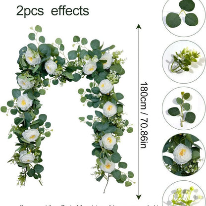 Bulk 2Pcs 5.9Ft Artificial Eucalyptus Garland with Roses Faux Flower Vine for Wedding Party Home Table Decor Wholesale