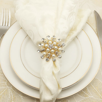 Bulk 12 Pcs Gold Napkin Rings Flower Pearl Rhinestone Napkin Holders for Wedding Party Home and Dining Table Decor Wholesale