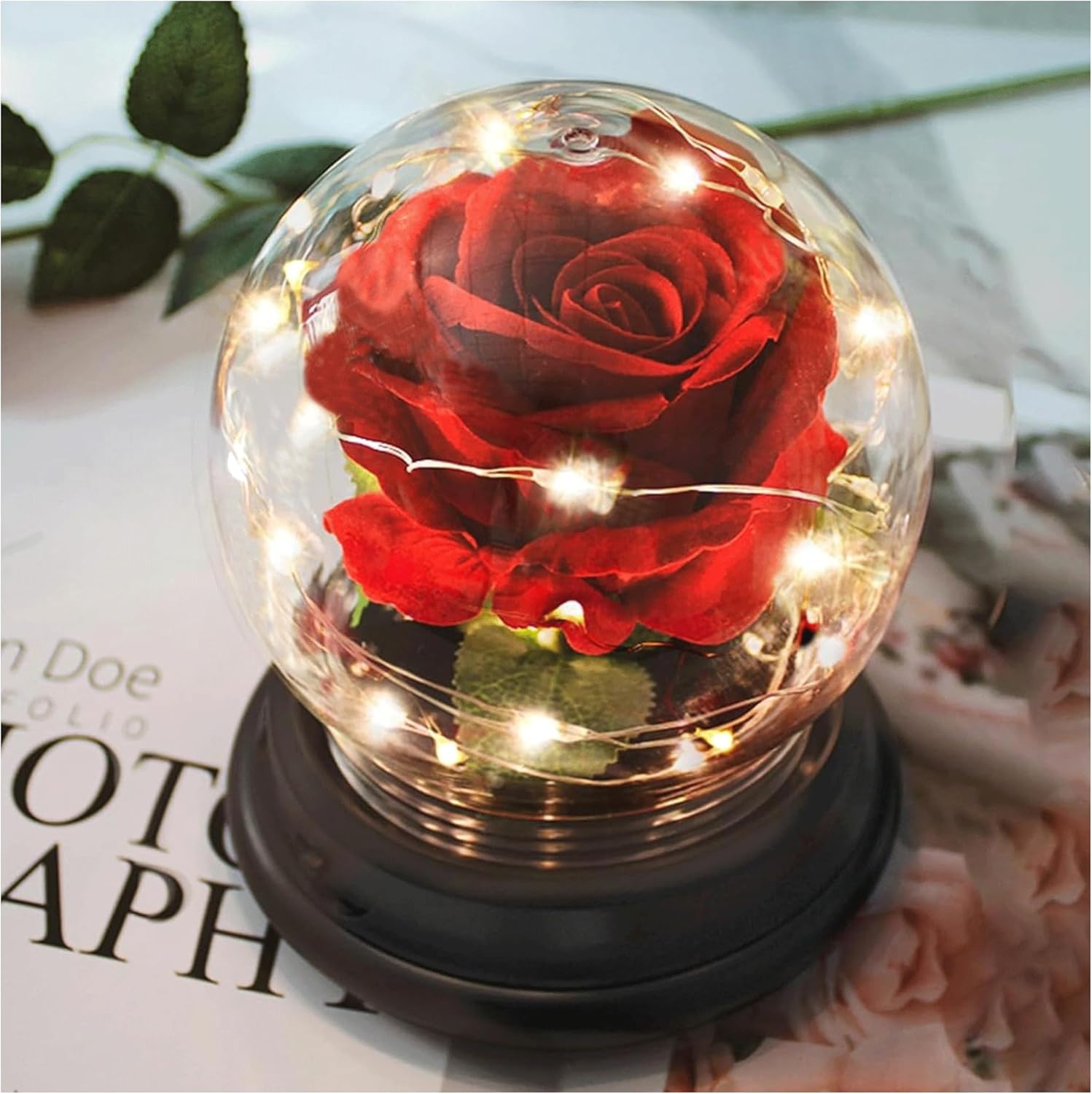 Bulk Red Silk Rose in Glass Dome with LED Lights Romantic Gifts for Mom Women Valentine's Day Birthday Anniversary Wedding Wholesale