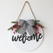 Christmas Black Striped Bow Front Door Decoration 12 Inch Artificial Wreath Accent