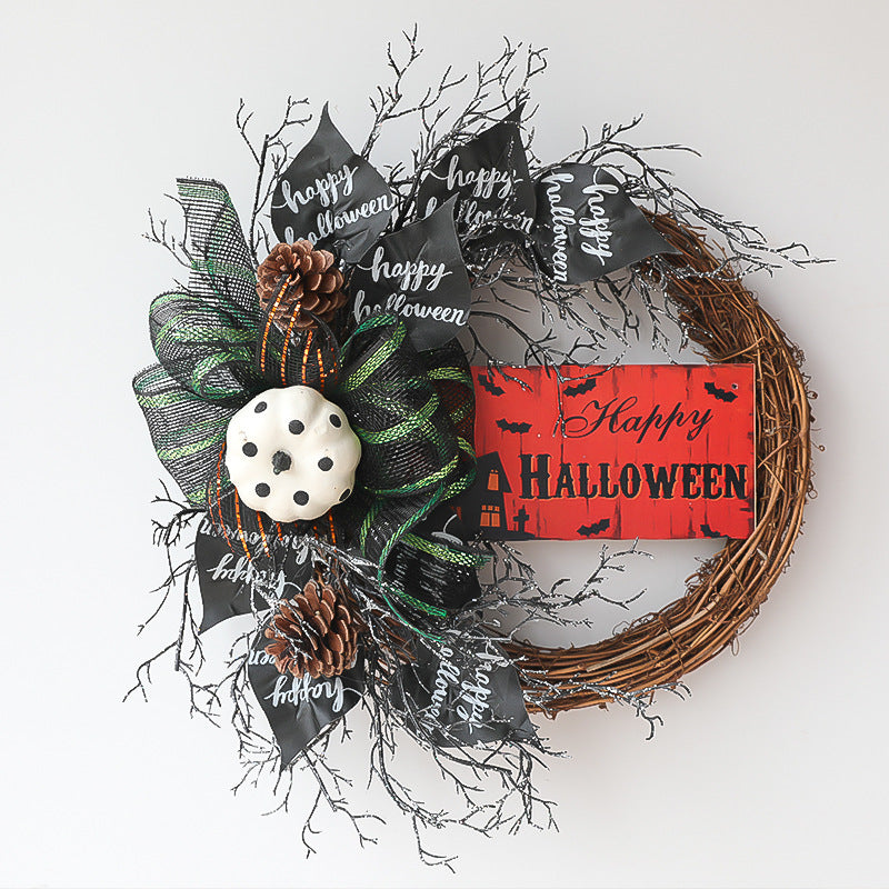 18 Inch Artificial Black Pumpkin Leaves Mesh Wreath Bulk Halloween Decoration