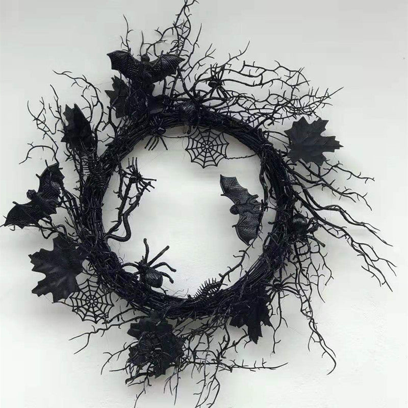 Halloween Grapevine Wreath 18 Inch Black Artificial Spider and Bat Decorations Bulk
