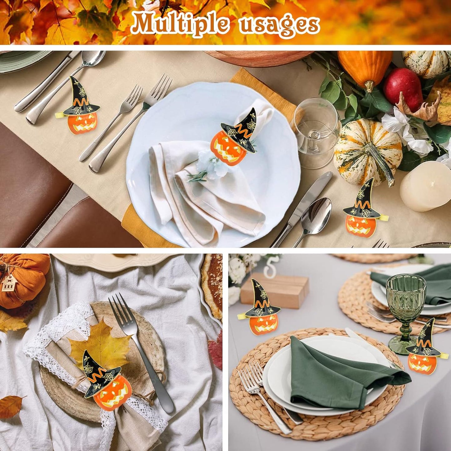Bulk 6 Pcs Spooky Halloween Napkin Rings Orange Pumpkin and Black Witch Hat Design for Festive Party Table Decor Wholesale