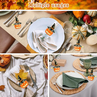 Bulk 6 Pcs Spooky Halloween Napkin Rings Orange Pumpkin and Black Witch Hat Design for Festive Party Table Decor Wholesale