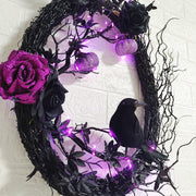 Artificial Maple Leaf Halloween Wreath with Black Crow, Purple Rose, Pumpkin & Grapevine – Fall Party Decoration, Bulk Wholesale