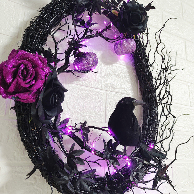 Artificial Maple Leaf Halloween Wreath with Black Crow, Purple Rose, Pumpkin & Grapevine – Fall Party Decoration, Bulk Wholesale