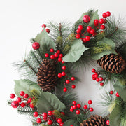 Artificial Christmas Pine Needle Wreath with Red Pine Cones, 20 Inch