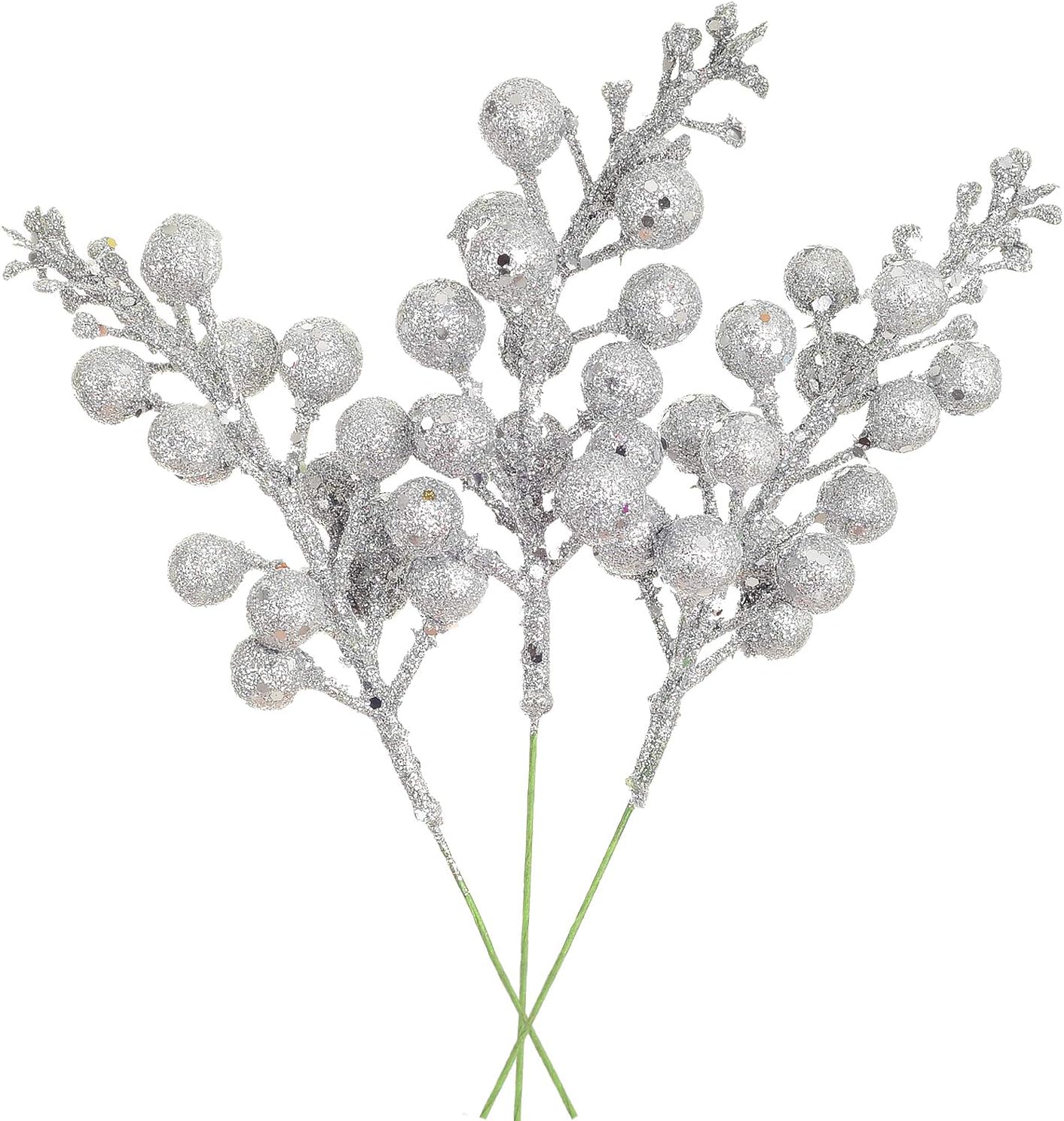 Bulk 14 Pcs Silver Christmas Glitter Berry Stems 7.8 Inch Artificial Picks for Tree Ornaments DIY Xmas Wreaths Holiday Home Decor Wholesale