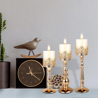 Bulk Set of 3 Gold Candle Holders for Pillar Candles Table Centerpieces Candle Stand Decor Wholesale