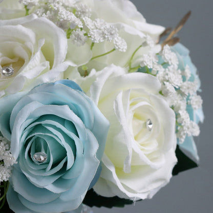 Bulk 8.66" White Blue Artificial Silk Rose Bridal Bouquet Wedding Tossing Ceremony Bouquet Wholesale