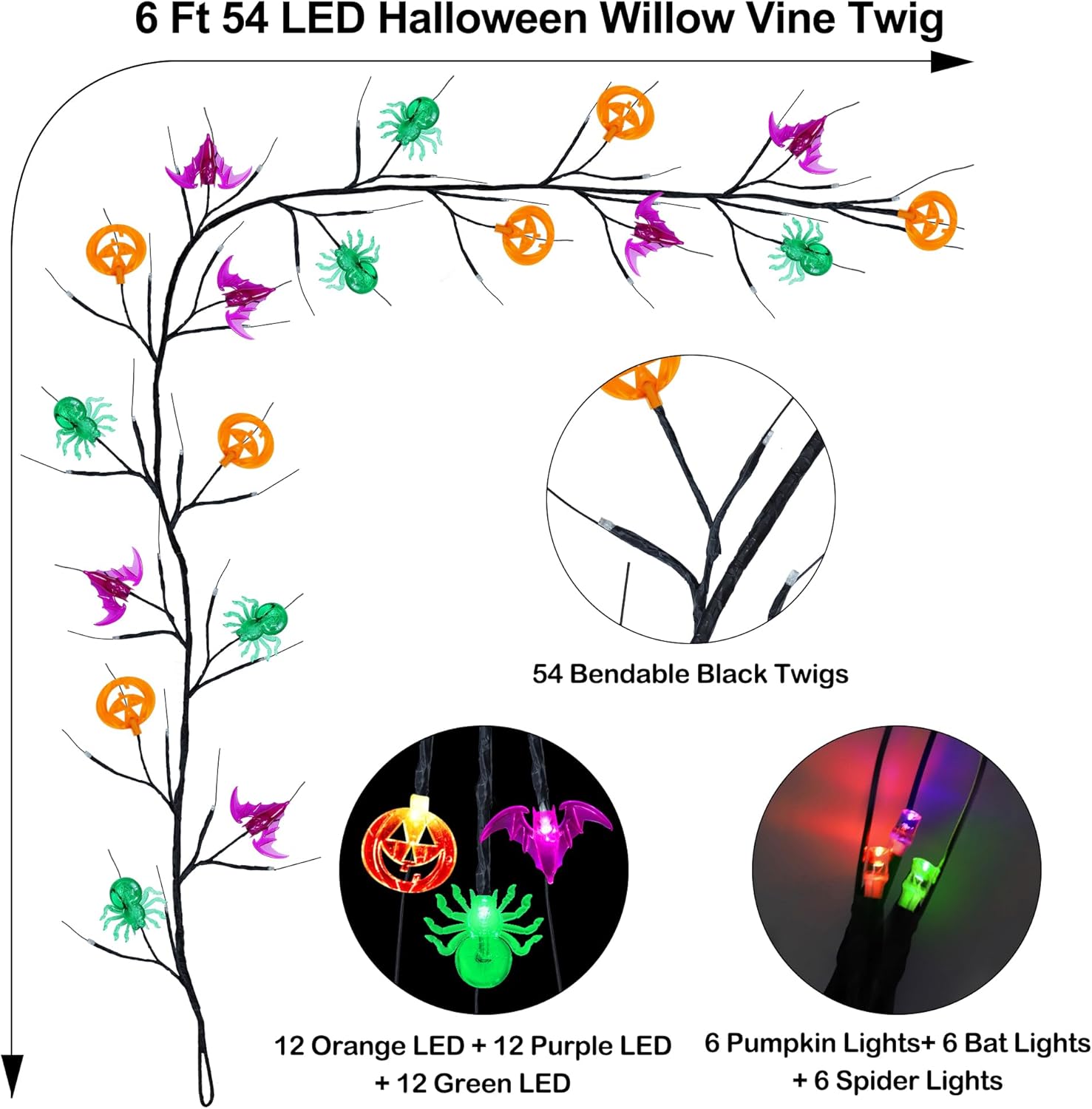 Bulk Halloween Decor 6 FT 54 LED Willow Vine with Pumpkin Bat and Spider Lights 8 Mode Battery Powered Garland for Spooky Indoor and Outdoor Decorations Wholesale