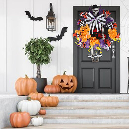 Halloween Skull Body Bow Wreath 12 Inch Artificial Decorative Halloween Door Wreath