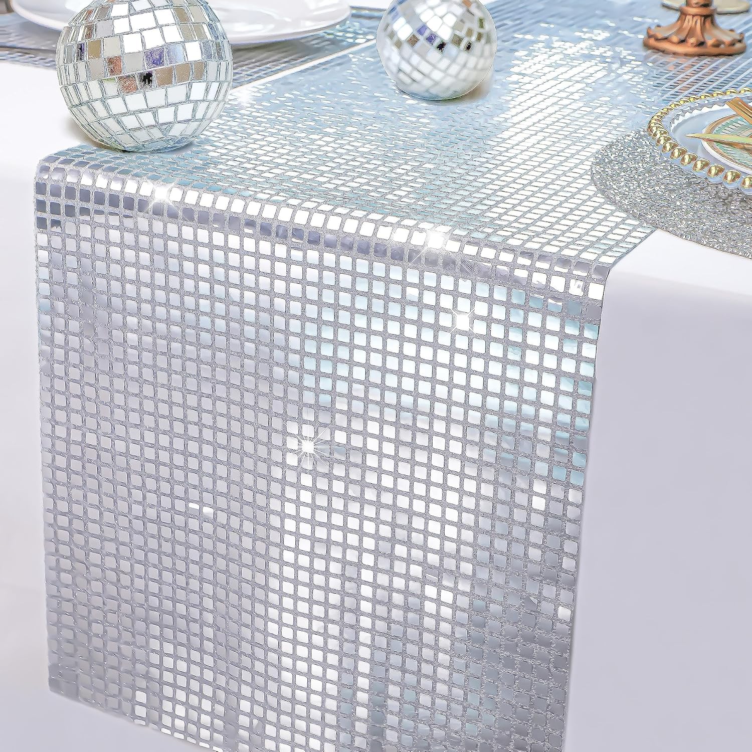 Bulk 12 x 71 Inches Glitter Disco Party Table Runner Mirror Silver Retro 70s 80s Disco Ball Table Decor for Birthday Bachelorette and Dance Party Wholesale