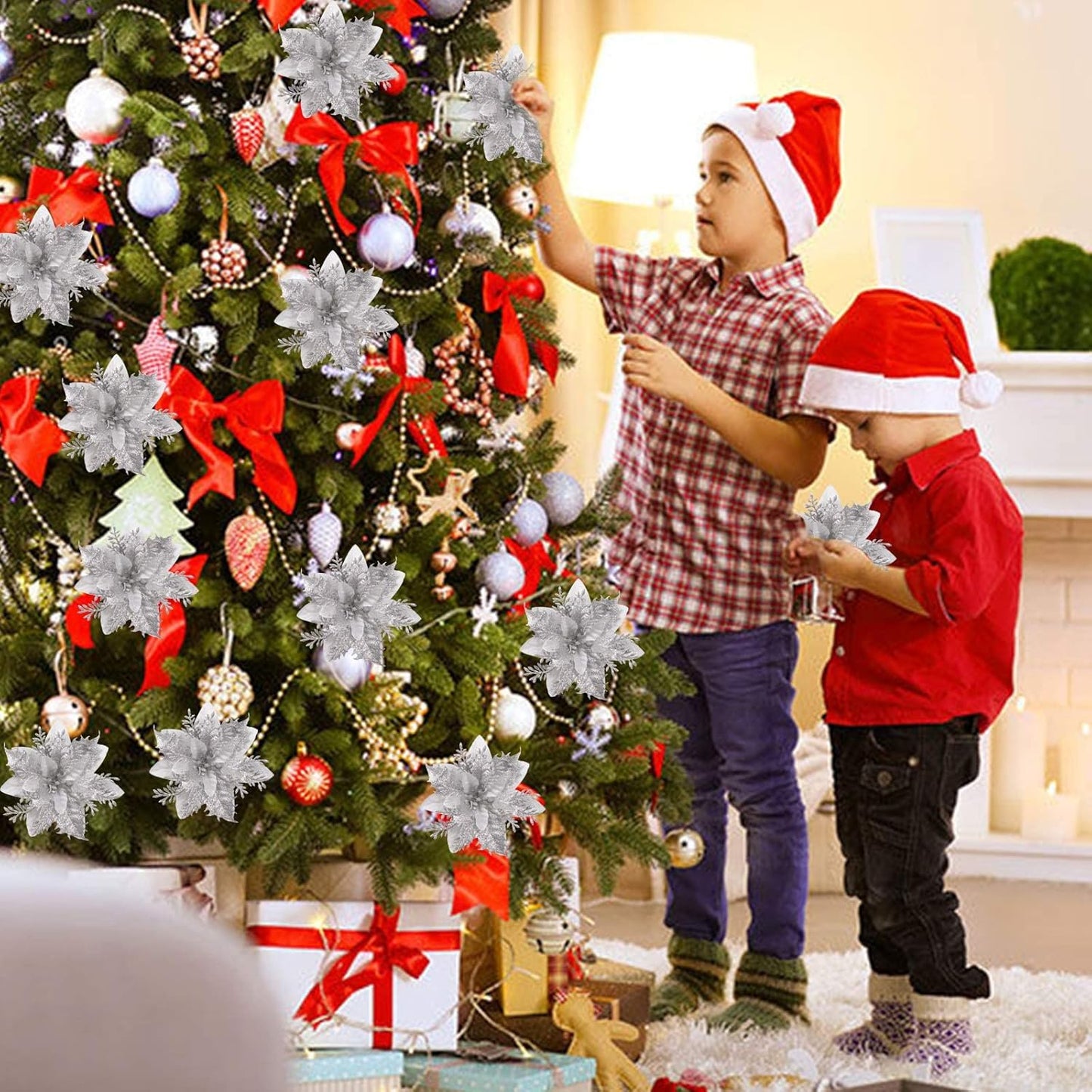 Bulk 12Pcs 5.5" Glitter Poinsettia Artificial Flowers with Clips for Christmas Tree Ornaments Wedding Party DIY Wreath Decor Wholesale