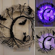 Halloween Witch Broom and Black Cat Light-Up Wreath 12 Inch Purple Artificial Flowers