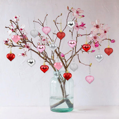 Bulk 36Pcs Valentine's Day Heart Shaped Ornaments Red Pink Silver Glitter Hanging Decorations Wholesale