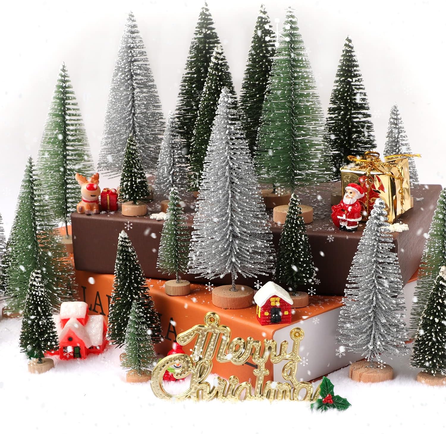 Bulk 30 Pcs Artificial Mini Christmas Trees with Wooden Bases for Christmas Decor Home Table Crafts Decorations Wholesale