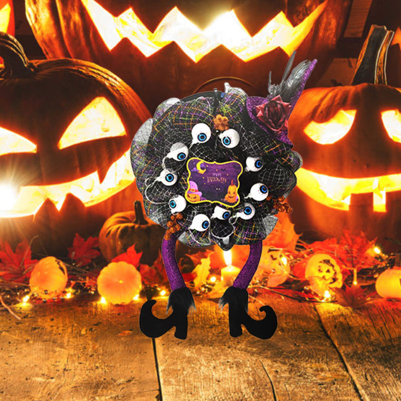 Halloween Witch Leg Wreath with Eyeball Decoration, 24 Inch Artificial Halloween Door Decor