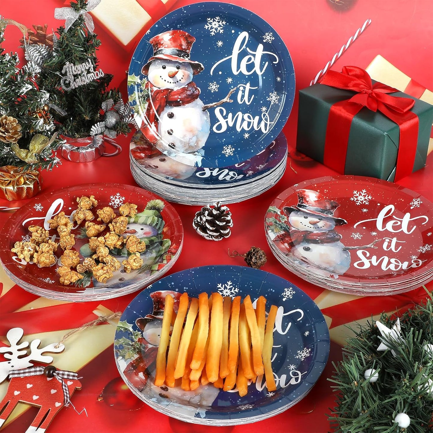 Bulk 100Pcs 7-Inch Let It Snow Christmas Paper Plates – Snowman Themed Red and Blue Party Tableware for Holiday Celebrations Wholesale