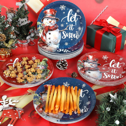 Bulk 100Pcs 7-Inch Let It Snow Christmas Paper Plates – Snowman Themed Red and Blue Party Tableware for Holiday Celebrations Wholesale