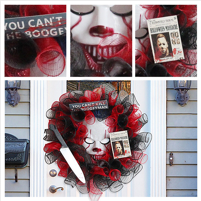 16 Inch Halloween Black Mesh Joker Wreath Bulk Artificial Mask Decoration