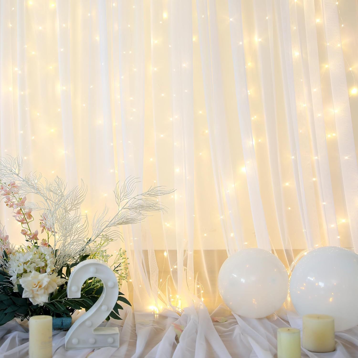 Bulk 10x7ft White Tulle Backdrop Curtain with String Lights for Wedding Baby Shower Birthday Party Photo Shoot Decorations Wholesale