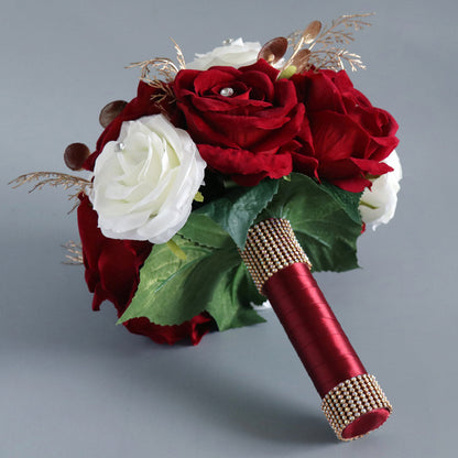 Bulk 9" Bridal Bouquet Burgundy & White Artificial Roses Wedding Bouquets Wholesale