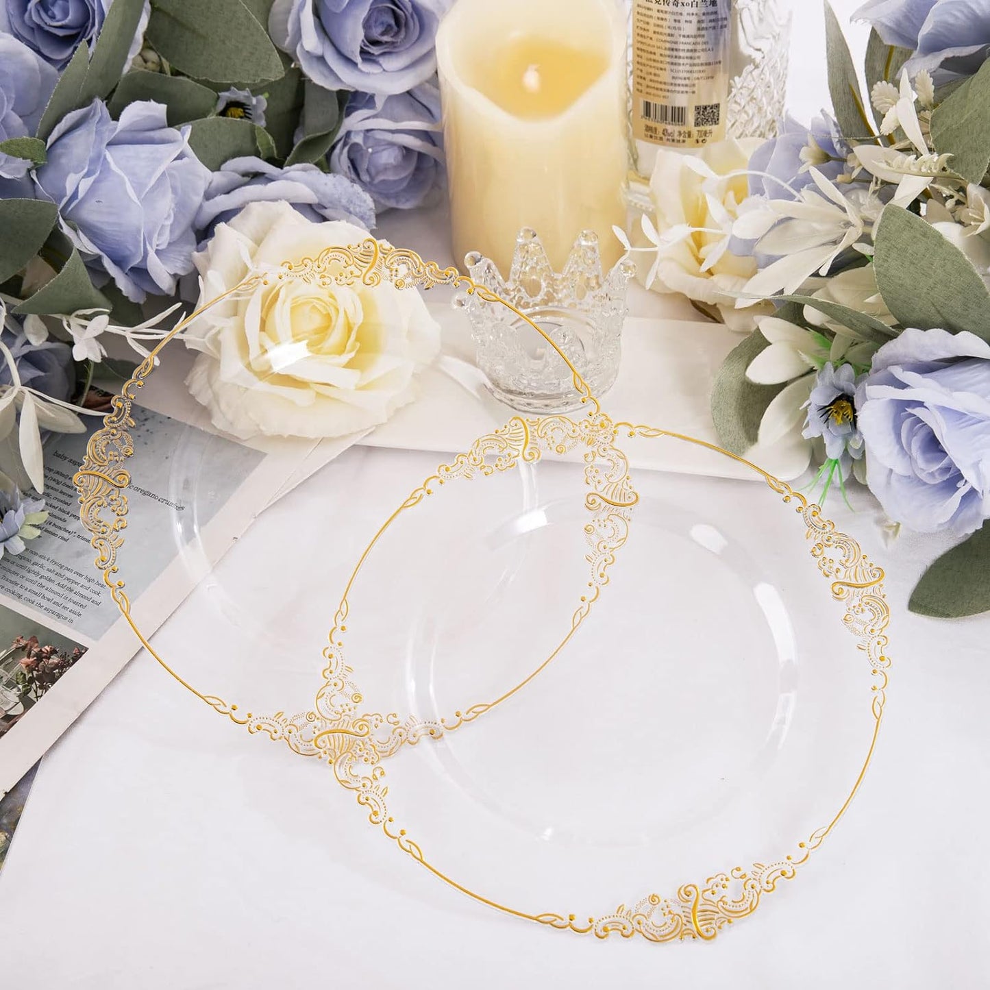 Bulk 2Pcs Gold Rim Clear Plastic Plates Elegant Disposable Dinnerware for Weddings Parties and Thanksgiving Celebrations Wholesale