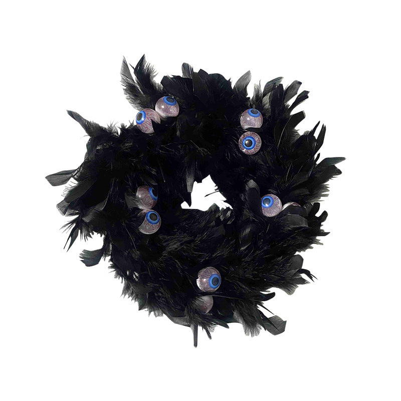 Halloween Black Feather Wreath with Eyeball Decoration 12 Inch Artificial