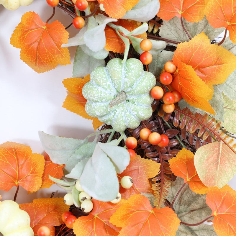 Artificial Pumpkin and Maple Leaf Wreath 14 Inch Fall Harvest Thanksgiving Decor