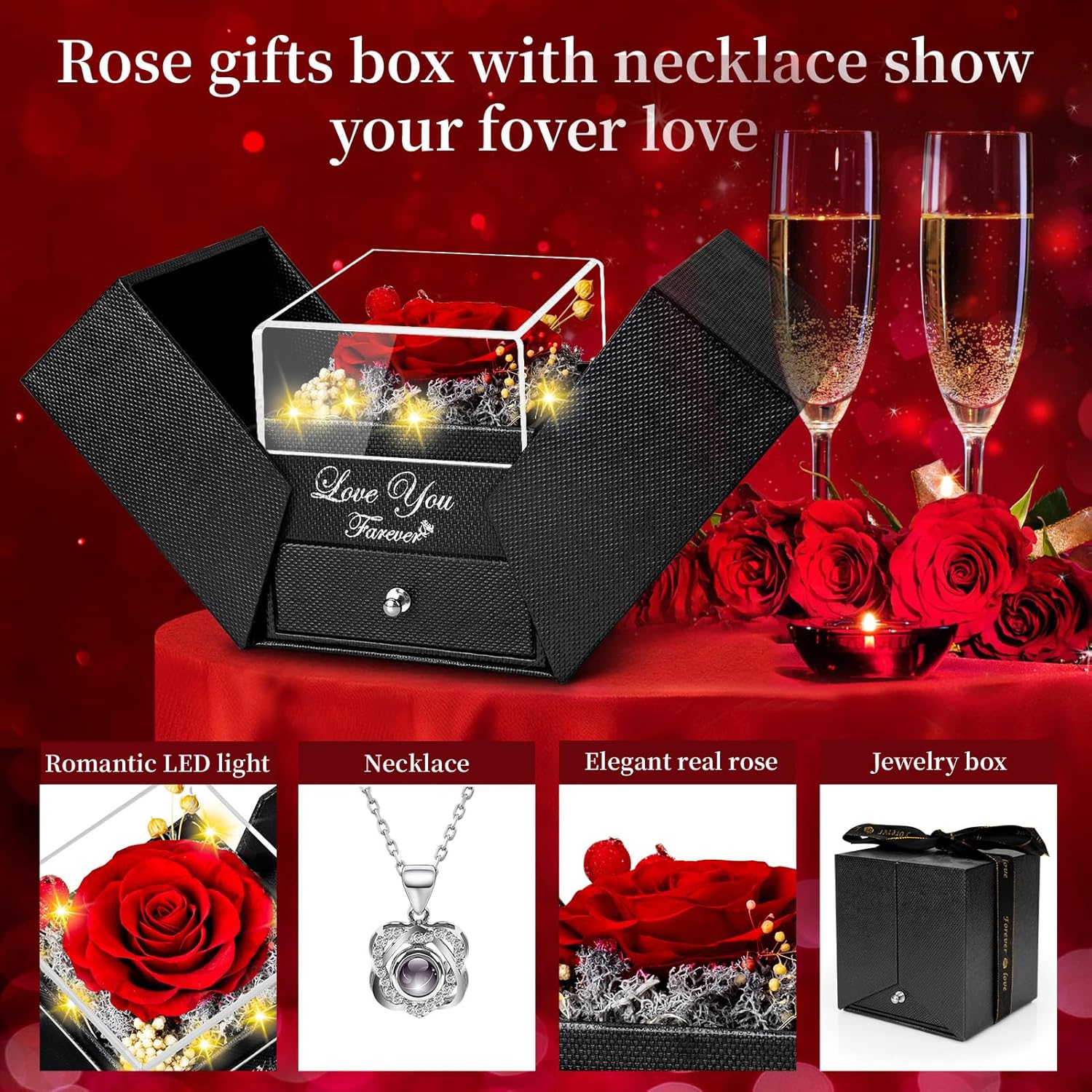 Bulk Preserved Red Real Roses with Necklace Eternal Flower Gifts for Women Mom Wife Girlfriend Valentine's Day Mother's Day Wholesale