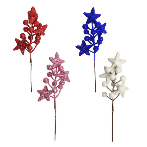 8 Inch Artificial Glitter Stars and Berries Stems, 10 Pcs Patriotic 4th of July Floral Decorations