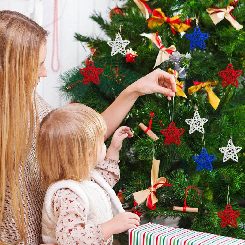 24 Pcs Patriotic Star Hanging Ornaments, Wicker Rattan Christmas Decorations