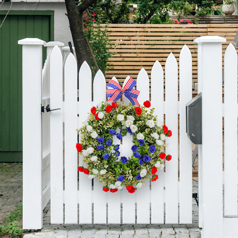 4th of July Patriotic Artificial Rose Wreath, Bulk Wholesale, Red White Blue, Decorative