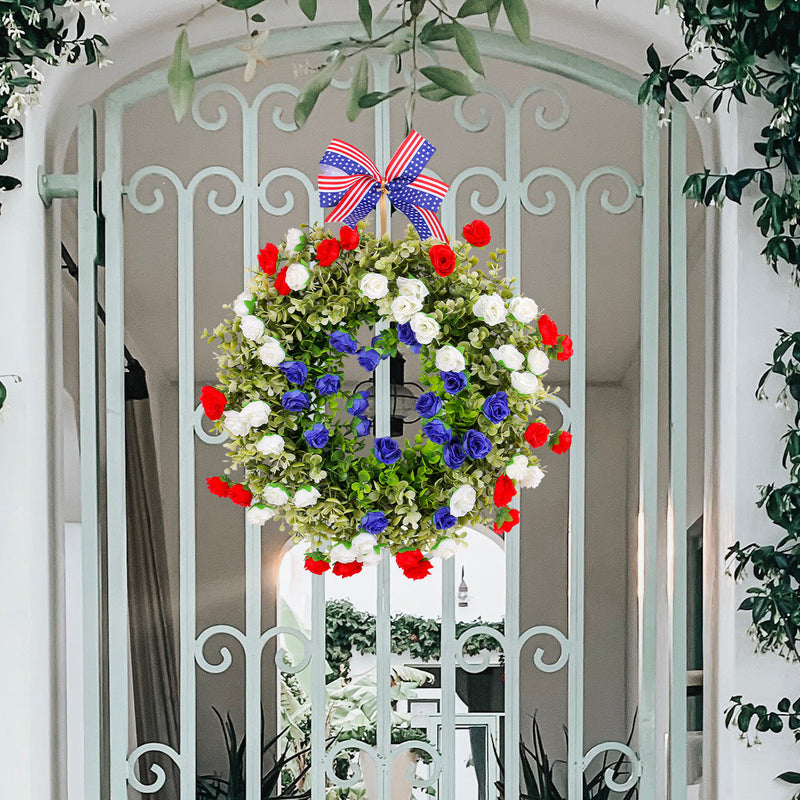 4th of July Patriotic Artificial Rose Wreath, Bulk Wholesale, Red White Blue, Decorative