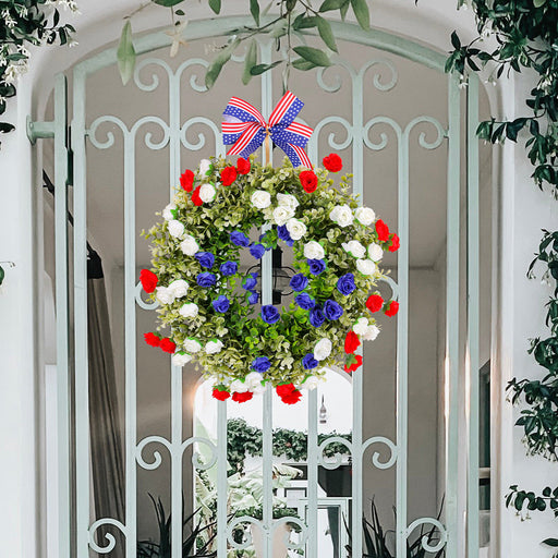 4th of July Patriotic Artificial Rose Wreath, Bulk Wholesale, Red White Blue, Decorative