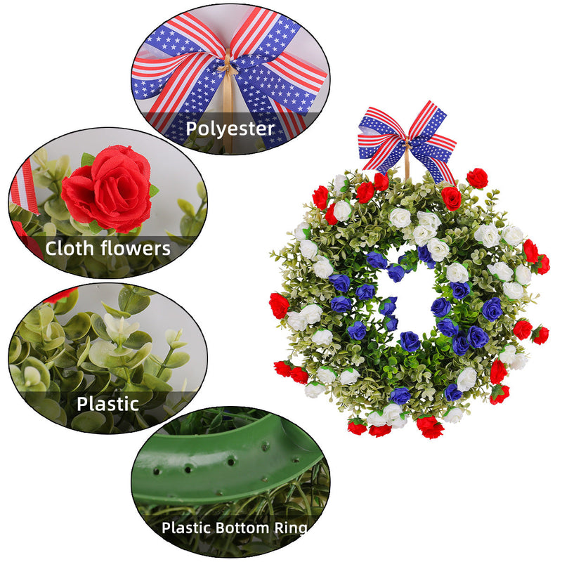 4th of July Patriotic Artificial Rose Wreath, Bulk Wholesale, Red White Blue, Decorative