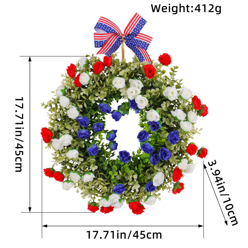 4th of July Patriotic Artificial Rose Wreath, Bulk Wholesale, Red White Blue, Decorative