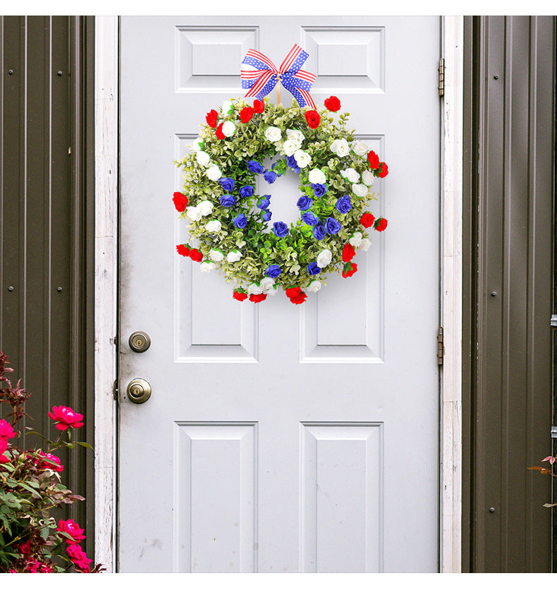 4th of July Patriotic Artificial Rose Wreath, Bulk Wholesale, Red White Blue, Decorative